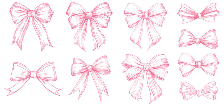Set of pinl sketched bow and ribbon. Hand drawn vintage line art vector illustration.