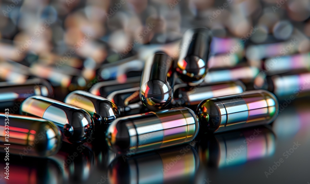 Poster metallic capsules with iridescent rainbow reflections scattered on dark reflective surface, macro ph