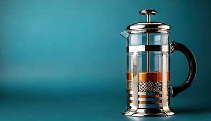 French press brewing coffee with rich colors against a blue background