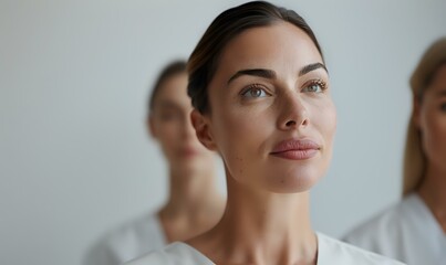 Young Mediterranean woman with natural makeup and confident expression wearing white, looking up with determination. Soft lighting creates professional atmosphere.