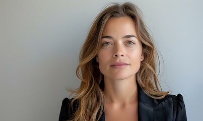 Fototapeta premium Young Caucasian businesswoman with natural makeup and wavy blonde hair wearing black blazer poses against light gray background, expressing confidence and professionalism.