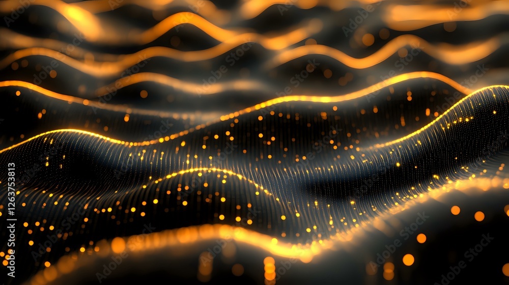 Poster abstract wavy lines with glowing golden particles floating in dark space create dynamic flowing moti