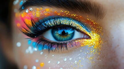 A woman's eye is covered in glitter and colorful makeup