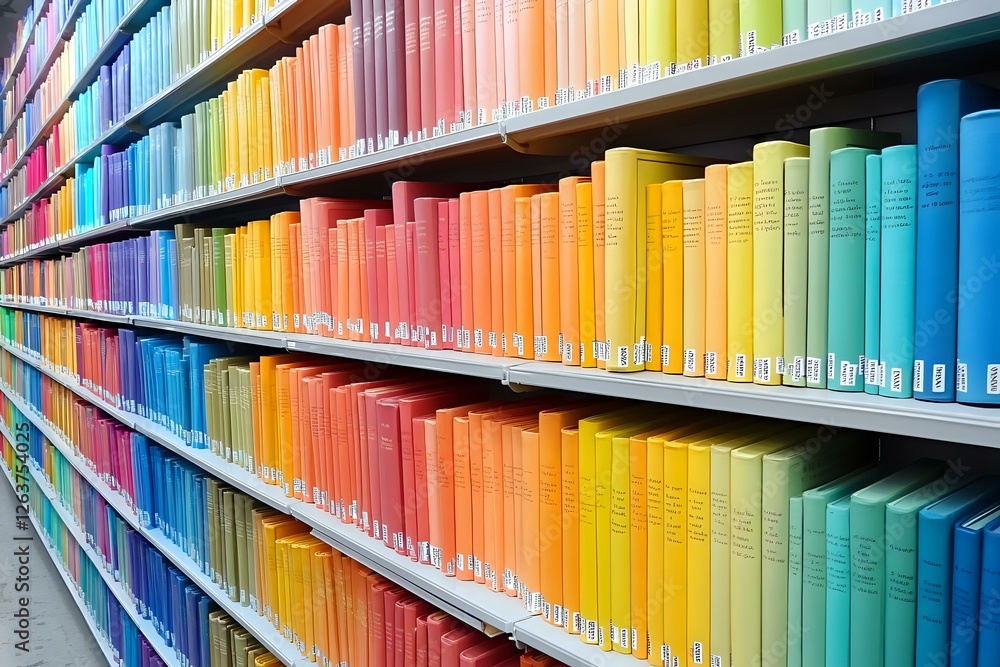 Poster library shelves filled with books arranged in rainbow color spectrum from blue to yellow, creating v