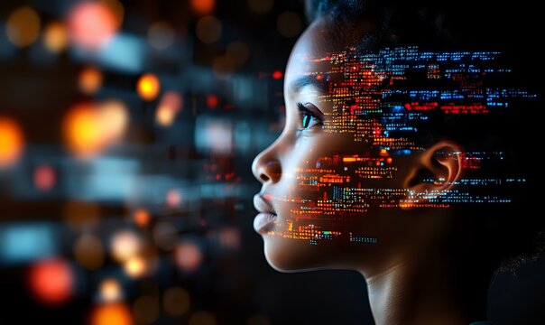 Profile view of young African American woman with digital code projection on face against dark background with glowing bokeh lights and technology elements.