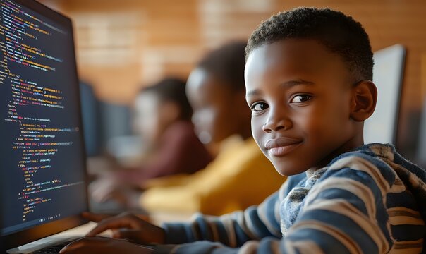 Young African American student learning computer programming and coding in classroom setting, focused on screen displaying colorful syntax code.
