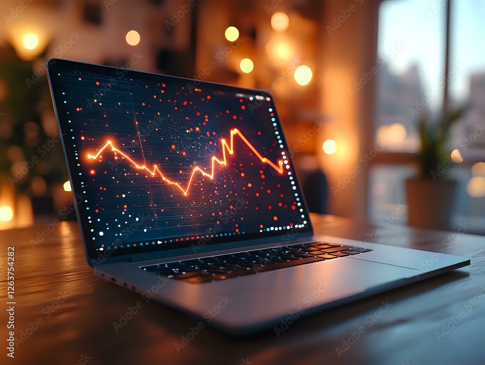 Poster laptop displaying glowing red stock market graph on screen against blurred bokeh background, modern 