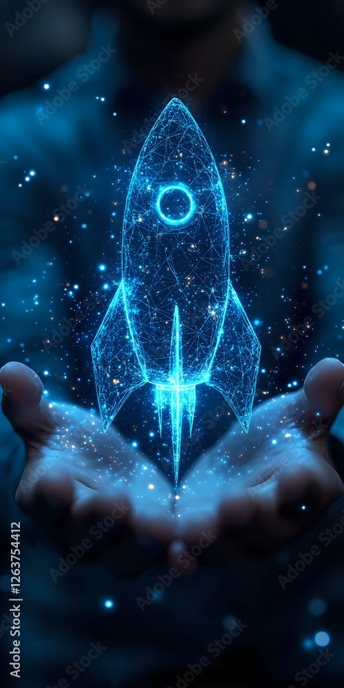 Poster glowing blue holographic rocket floating above hands with sparkles and network connections in dark b