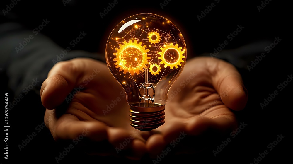 Aufkleber glowing lightbulb with golden mechanical gears inside held in open palms against dark background, sy