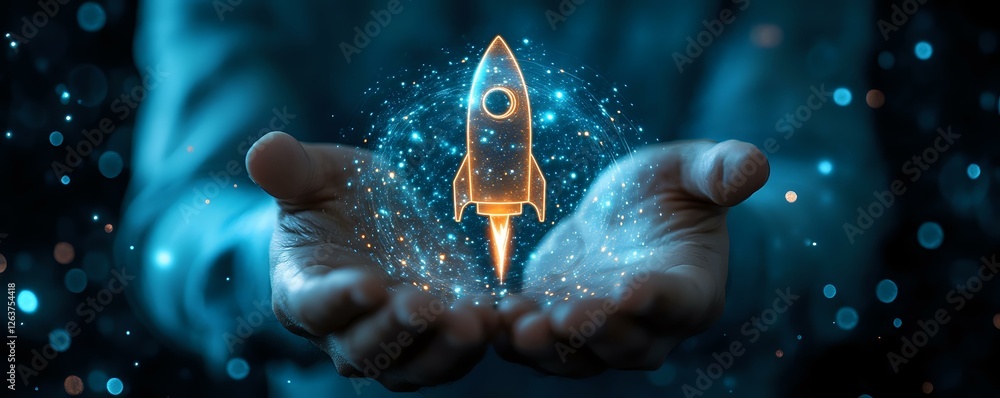 Poster magical glowing rocket emerging from cupped hands with sparkles and particles against dark backgroun