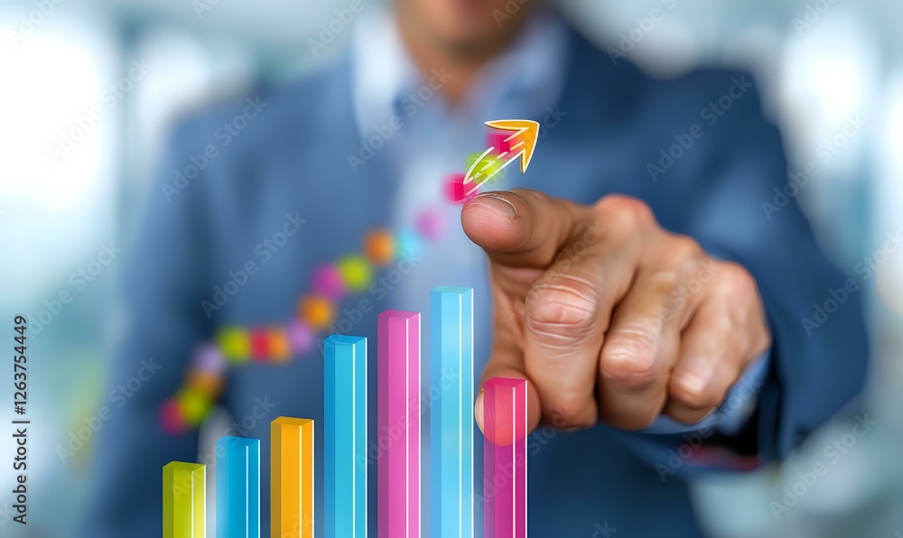 Poster caucasian businessman pointing at colorful ascending bar graph with upward arrow showing growth tren