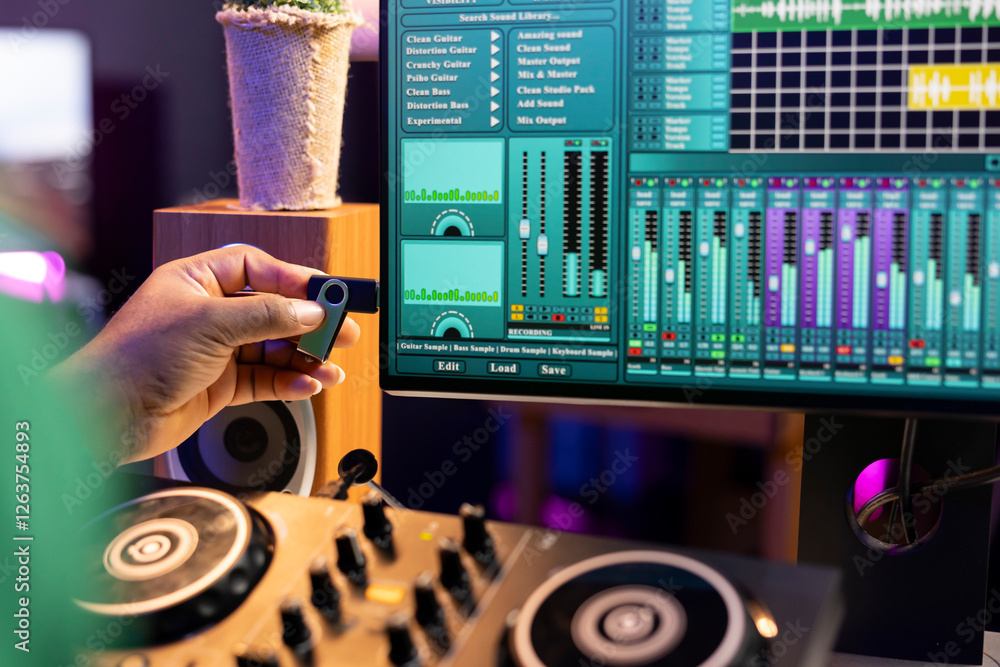 Leinwandbilder musical producer using usb stick to edit old audio files on production software, working with mixing
