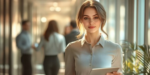 Professional woman holding a tablet in a modern office setting during a business meeting