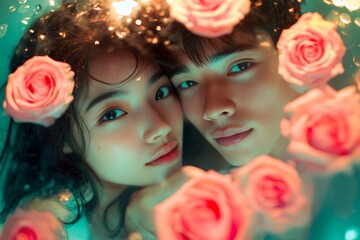 Commercial ad creative. Valentine's day, lovebirds couple: breathtaking noticeable image of loving asian young lovers. Sign of love and affection. Advertising love. Couple close-up. Deep love.
