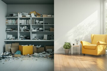 Contrasting views of a cluttered workspace alongside an orderly and serene living area. Generative AI