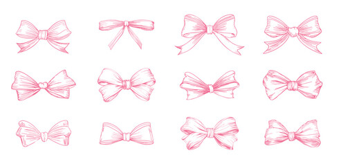 Set of pinl sketched bow and ribbon. Hand drawn vintage line art vector illustration.