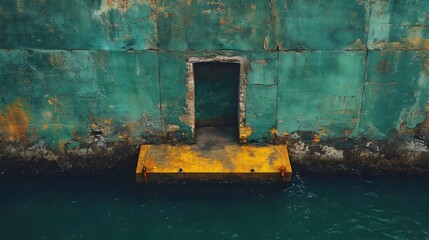 A green wall with a yellow door