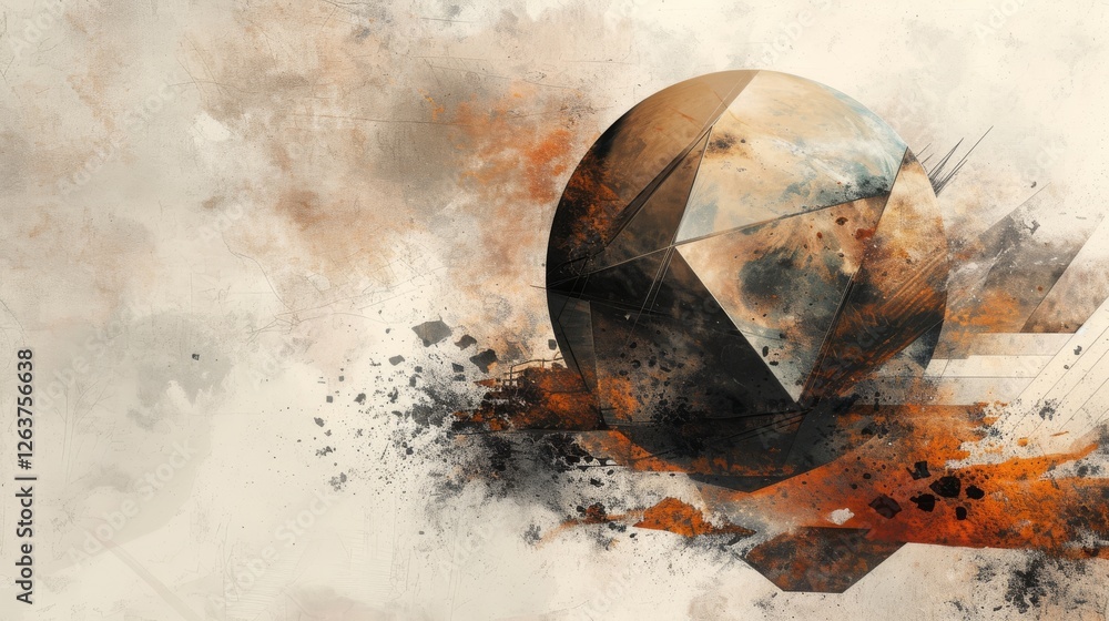 Poster abstract geometric sphere with sharp angles and fragmented textures, surrounded by earthy tones and 