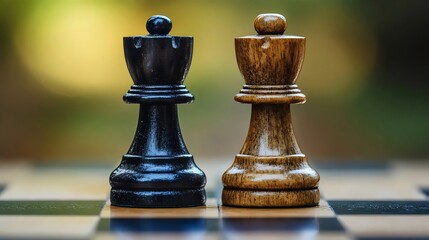 Fototapeta premium Two wooden chess pieces, one black and one brown, are on a checkered board