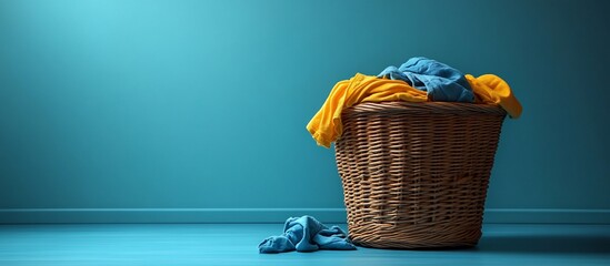 A woven basket overflowing with colorful laundry, set against a calming blue background