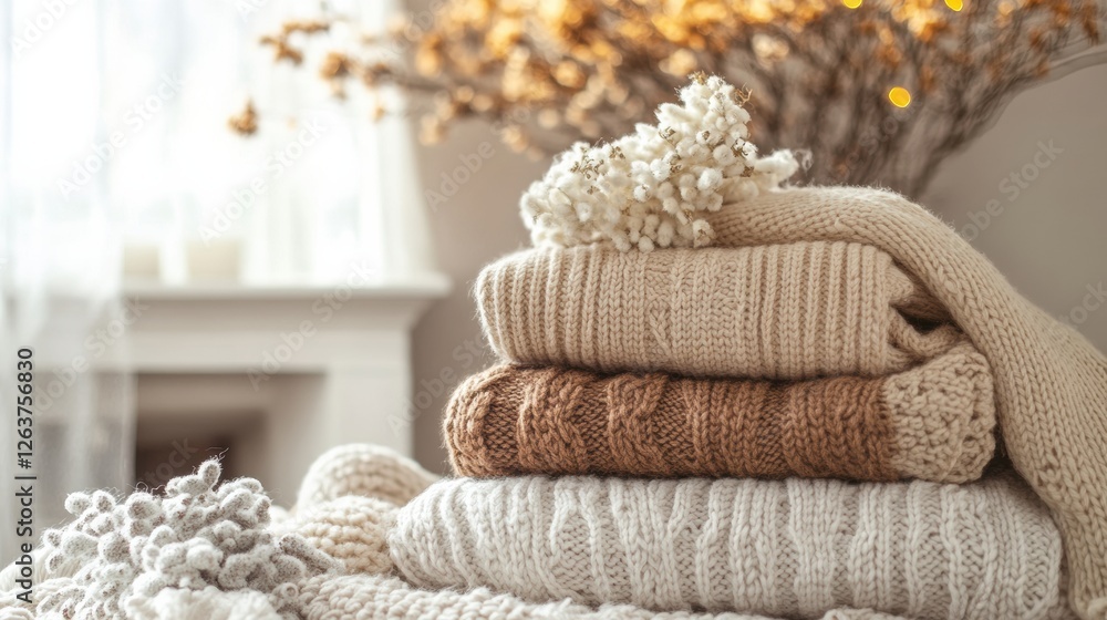 Aufkleber cozy knitwear stacked on a table with decorative branches and soft lighting in a warm indoor setting