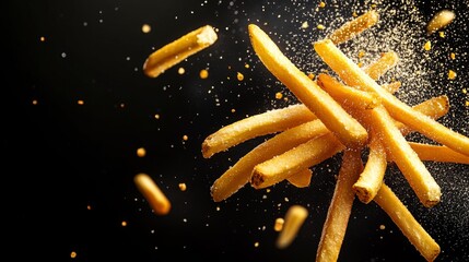 An artistic depiction portrays a cascade of French fries falling gracefully against a dark background, evoking a sense of motion and deliciousness in culinary art.