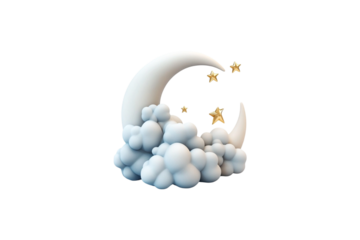 Serene Crescent Moon nestled in fluffy clouds with golden stars twinkling above Peaceful night sky dreamy scene