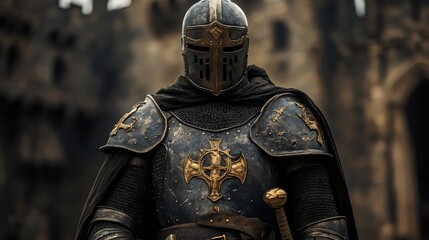 A knight in full armor stands in front of a castle