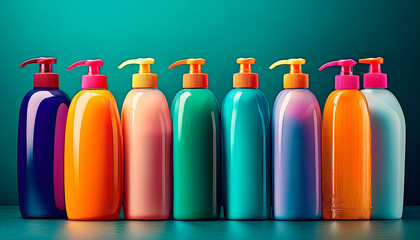 Plastic bottles, soap, shampoo, detergent, dispensers, without a commercial brand, of different shapes and colors. Recycling concept. Plastic container.