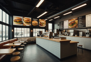 cozy fast food restaurant interior with wooden tables and digital menu screens