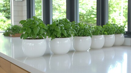 Fototapeta premium Fresh Herbs in White Pots on Kitchen Counter