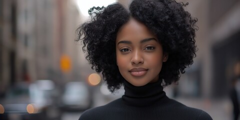 A radiant black woman beams, her curly locks framing a captivating gaze. Soft-focus cityscape envelops her in mystery and allure