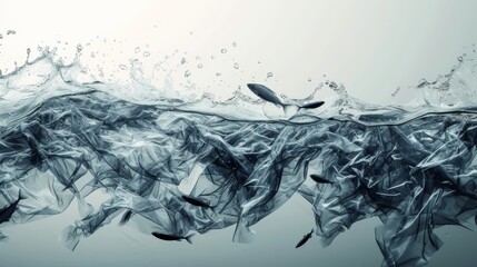 A conceptual underwater wave illustration with a swirling plastic texture and scattered fish, highlighting environmental themes. AI generated.