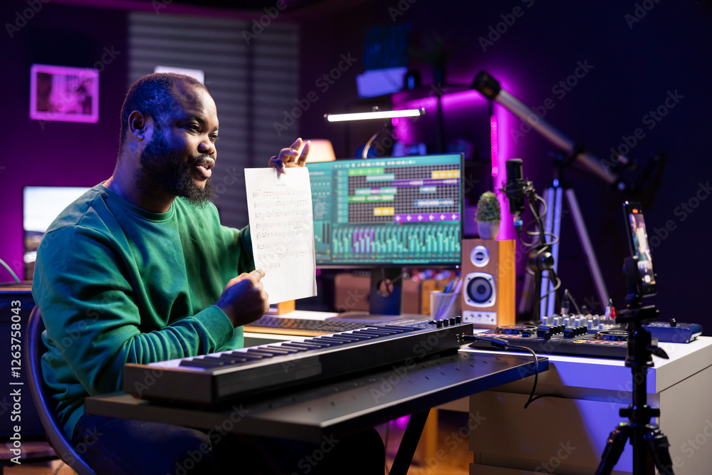 Poster artist pointing at musical sheet notation to explain notes on piano, teaching people to play synthes