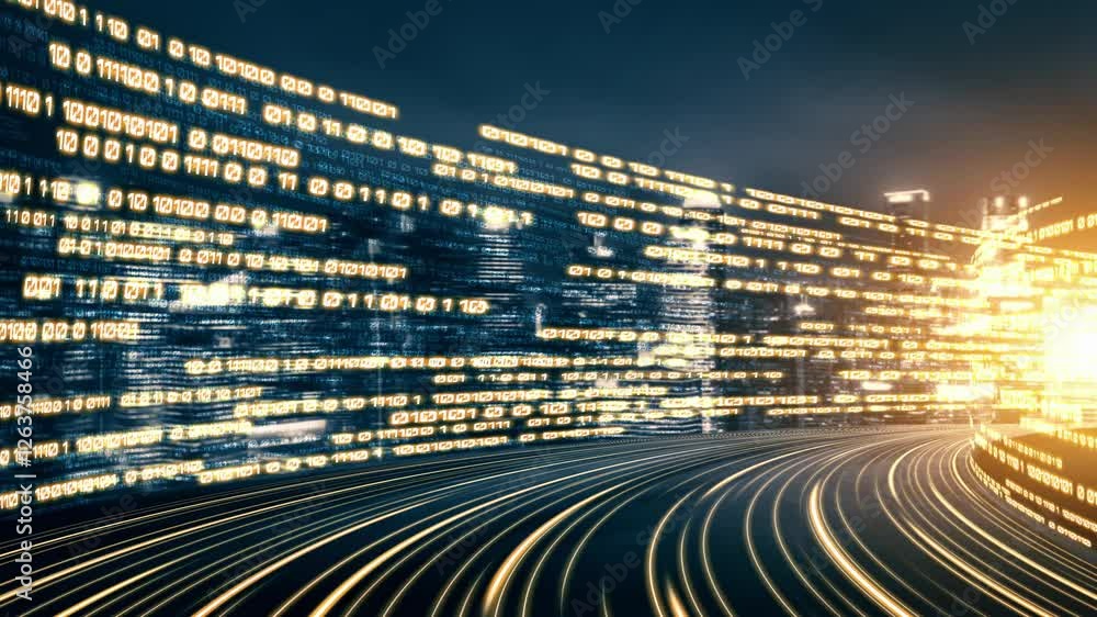 Poster digital data flow on road in concept of cyber global communication and coding with graphic creating 