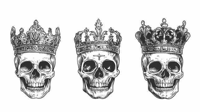 Skull in crown king monochrome illustration isolated. vintage crowning, elegant queen or king crowns, royal imperial coronation symbols. Gilded Skeleton Kings. Illustration