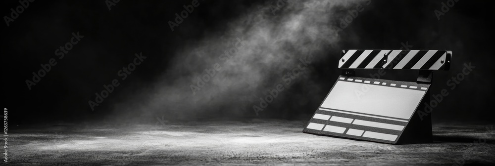 Poster Clapperboard in dim light with smoke effects at a film set during a creative production process. Generative AI