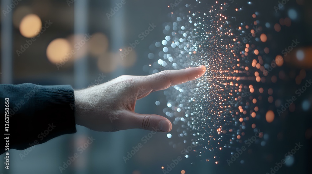 Poster magical glowing particles floating above open palm against dark background with bokeh lights, showca