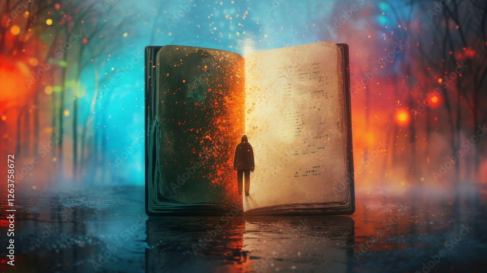 Poster a glowing figure stands between the pages of an open book, surrounded by vivid light in a surreal fo