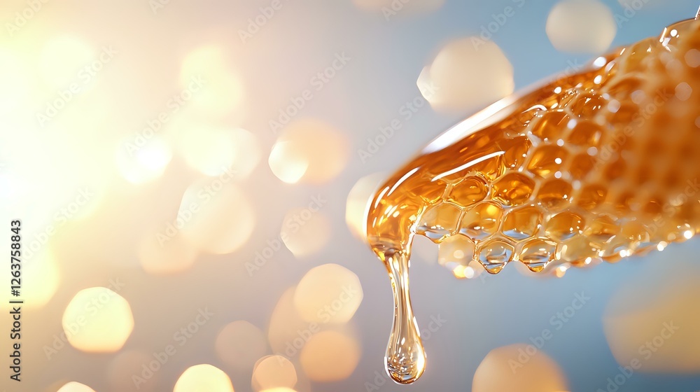 Poster fresh honey dripping from golden honeycomb with bokeh light effect in background, macro close-up sho