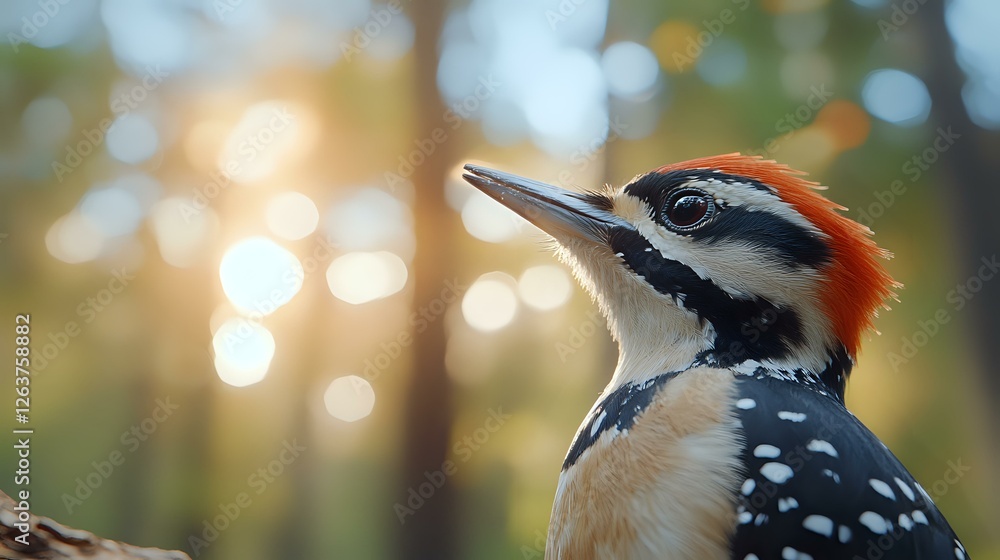 Poster great spotted woodpecker close-up portrait with blurred bokeh background and sunlight. red crest fea