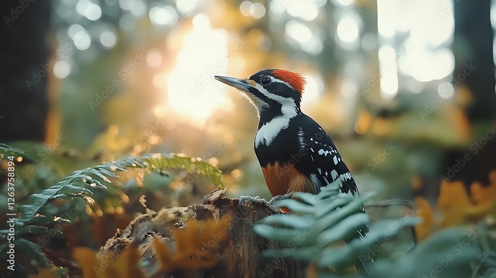 Poster spotted woodpecker perched on mossy log in autumn forest setting with golden bokeh background and fe