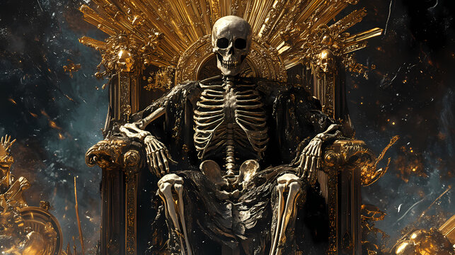 The skeleton king sits on his throne. high quality illustration. Gilded Skeleton Kings. Illustration