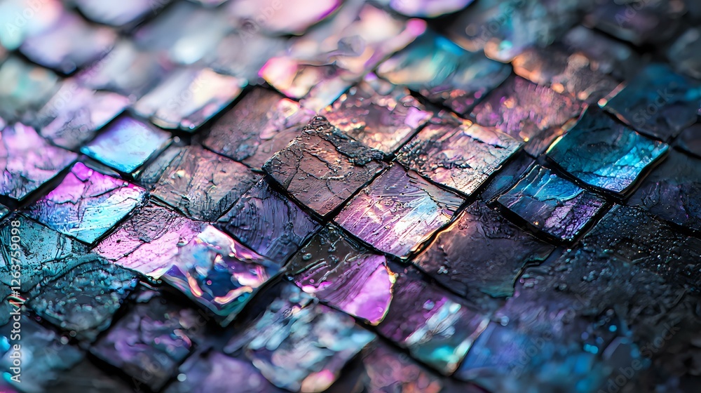 Poster iridescent mosaic tiles with purple and turquoise reflections create abstract pattern. dark grout be