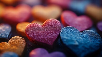 Fototapeta premium A collection of colorful hearts are arranged in a pattern on a surface