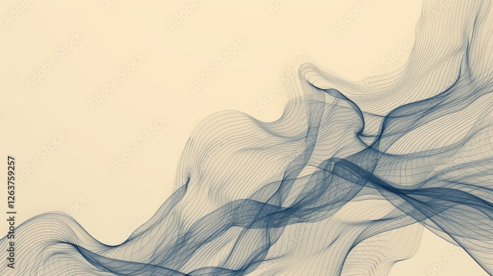 Poster elegant abstract composition featuring flowing blue wave-like patterns on a beige background, evokin