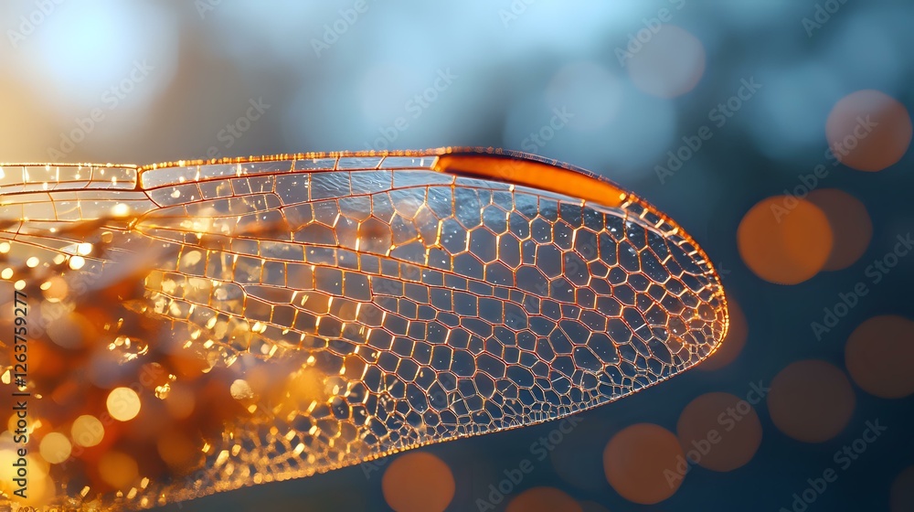 Poster delicate dragonfly wing with intricate vein pattern captured in macro against blurred golden bokeh b