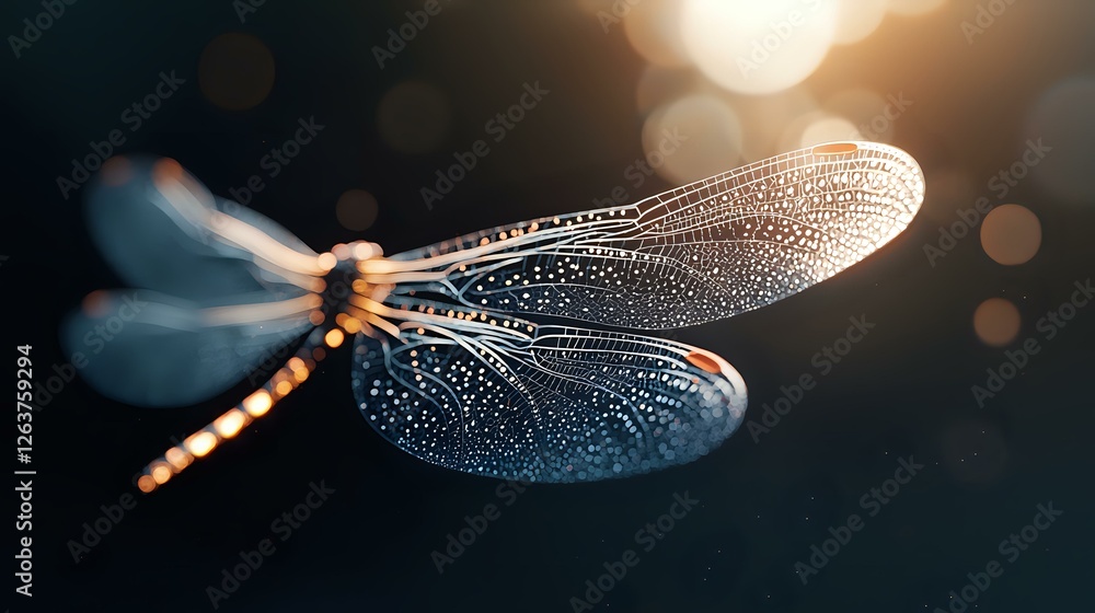 Poster dragonfly with translucent wings illuminated by golden sunlight against dark background with bokeh e