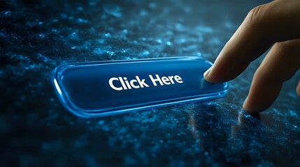 Glowing blue digital button with finger pointing on dark background with technology pattern, representing online interaction and web navigation.