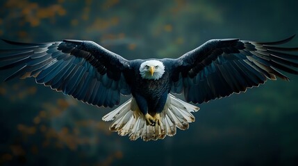 Obraz premium Majestic bald eagle with spread wings soaring against dramatic dark sky, displaying powerful flight posture and intense gaze. Detailed feathers capture wildlife strength.